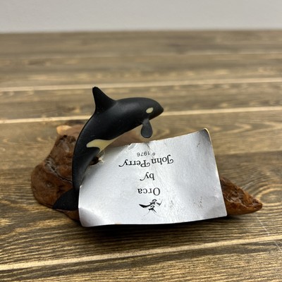 John Perry Orca Killer Whale Art Sculpture on Burl Wood Base Marine Collectible