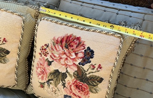 Vintage Pastel Pale Pink Red Floral Needlepoint Pillow Green Tassel 16” - Picture 7 of 7