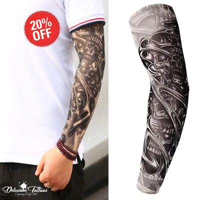 DELUSION TATTOOS Temporäres Tattoo Sleeve Nylon Armwärmer Totenkopf 3D Halloween Tribal Herren Damen