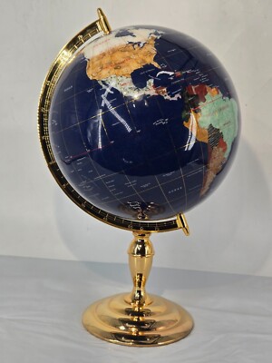 Globe Gemstone World Map Blue Lapis on Brass Stand H 21