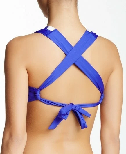 Traje de baño para mujer Becca bloque de color cremallera superior copa suave espalda cruzada blanco azul talla D Foto 2 de 2