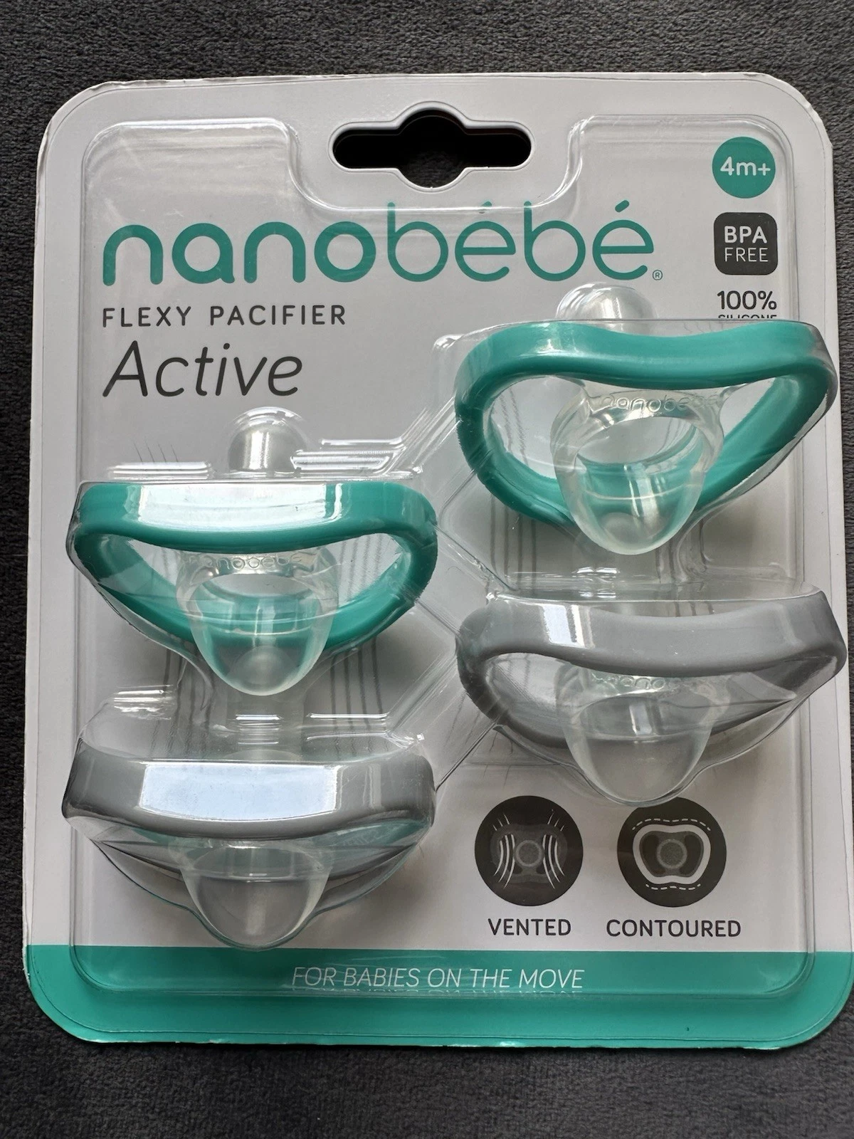 Nanobebe Active flexi pacifier 4 Pack green/grey 4m+ - BPA Free - SOLD OUT
Opens in a new window or