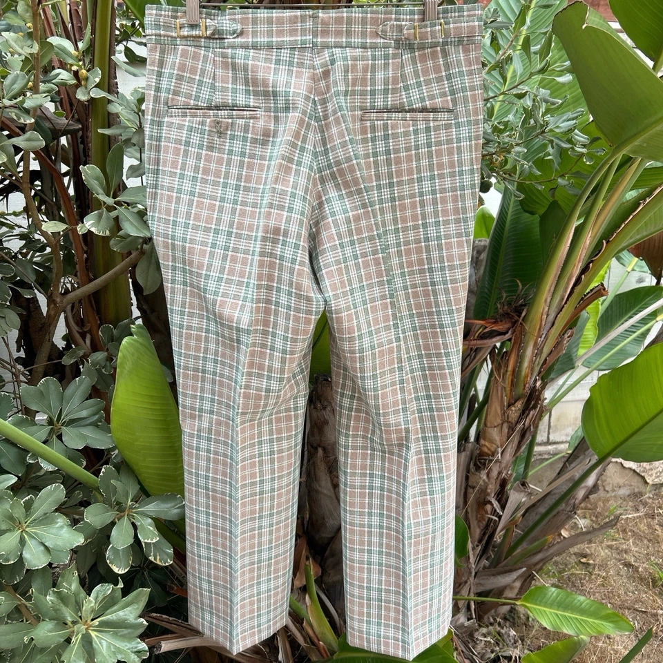 Vintage 1960s Palm Beach Brown Green Plaid Trousers 35x27 - Image 2 of 3