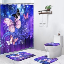 4 Pcs Shower Curtain Sets, Butterfly Purple Floral Waterproof Bathroom Sets w...