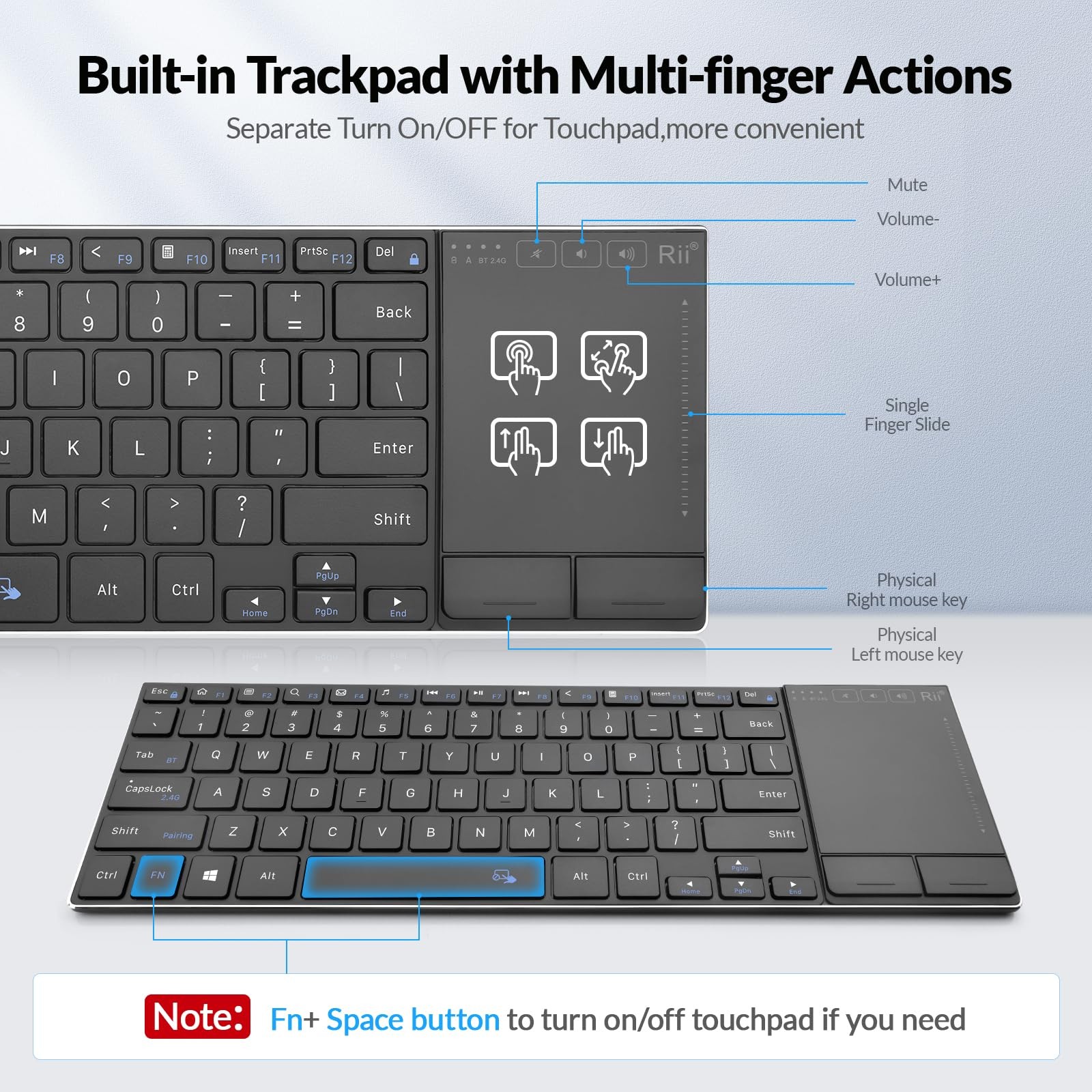 Rii 2.4G Wireless Keyboard,Bluetooth Keyboard(BT 5.1+2.4G),Aluminium Alloy Po...
