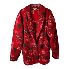 Vintage Red Fleece Medium Bears Ski Forest Tree Christmas Holiday Cozy Jacket