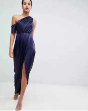 Navy Draped Dress One-Shoulder Satin Sz 10 Slit Evening Cocktail Blue Long ASOS