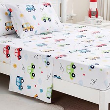 Colorful Car Twin Size Bed Sheets for Boys Kids,White Cartoon Style,3 Pcs