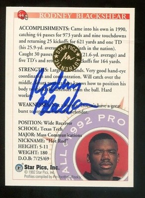 Rodney Blackshear 1992 Star Pics Certified AUTOGRAPH (TEXAS TECH RED RAIDERS)