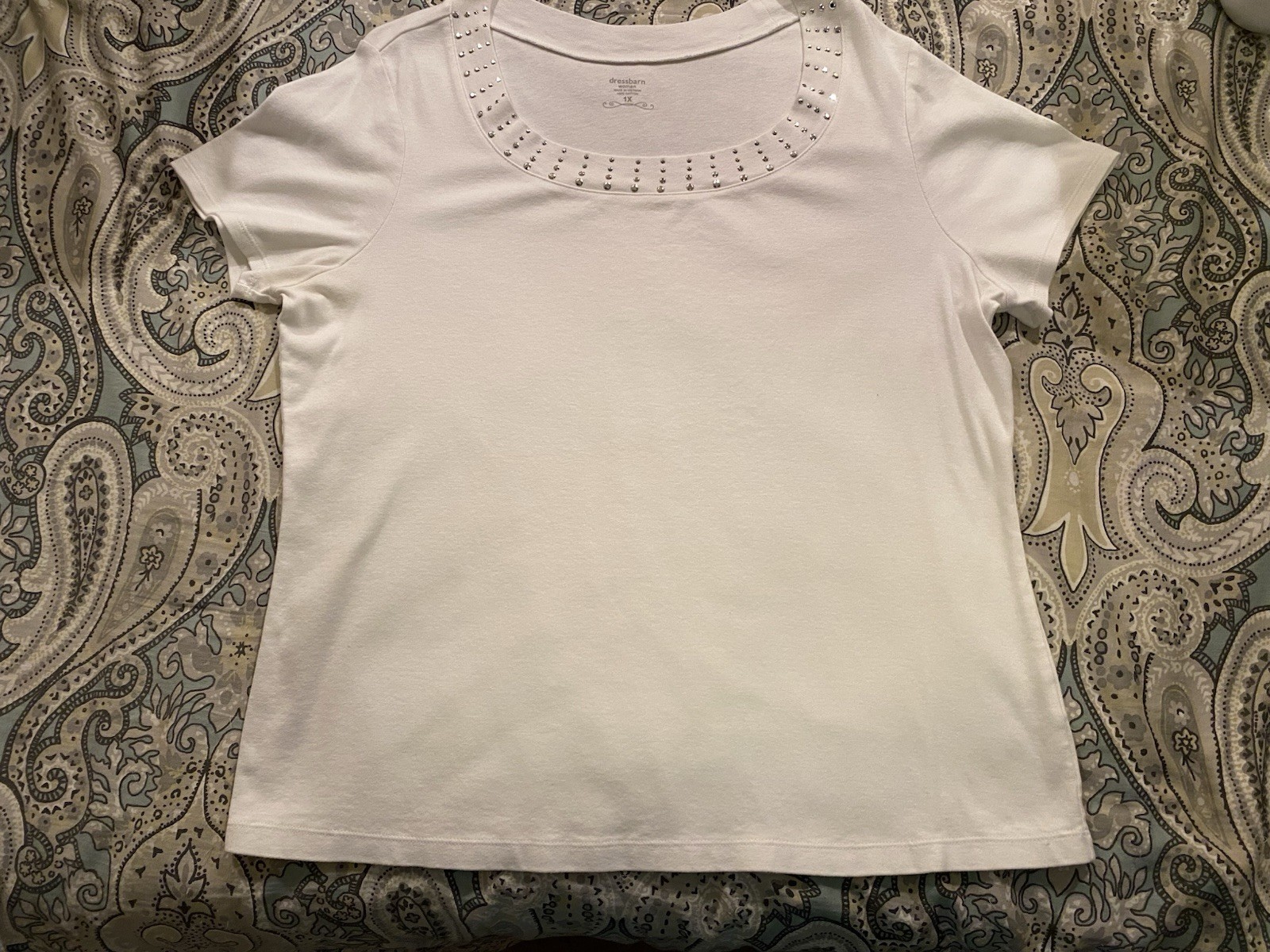 Dress Barn Plus Size 1X White Studded Bling Neck Top-image