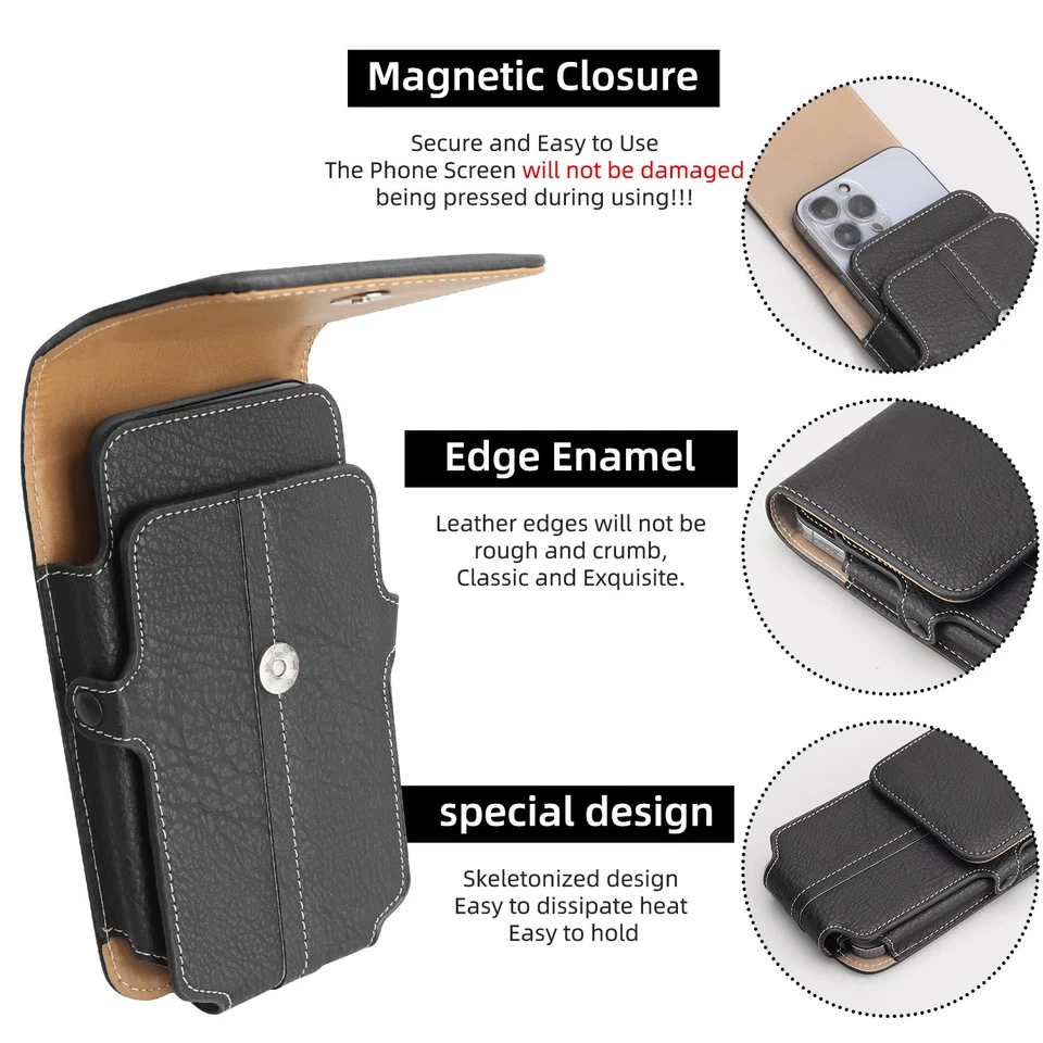 Vertical PU Leather Phone Case Waist Belt Bag with Belt Loop Metal Clip Holster - Image 4 of 4
