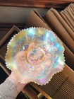 Electric Pastel Yellow Northwood Carnival Glass Three Fruits Ruffled Bowl