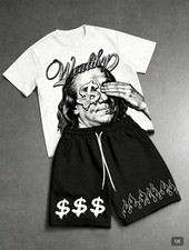 Men's 2-Piece Graphic T-Shirt Drawstring Shorts Set L Black/White
