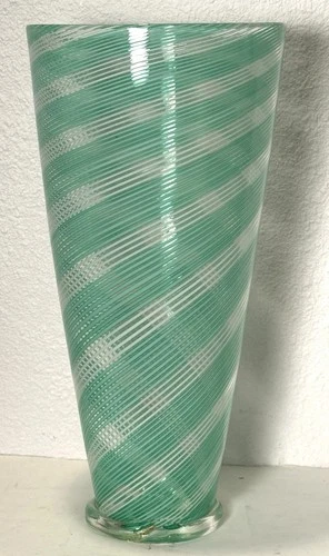 Signed Aureliano Toso Glass Murano Dino Martens Mezza Filigrana 13.5” Cone Vase