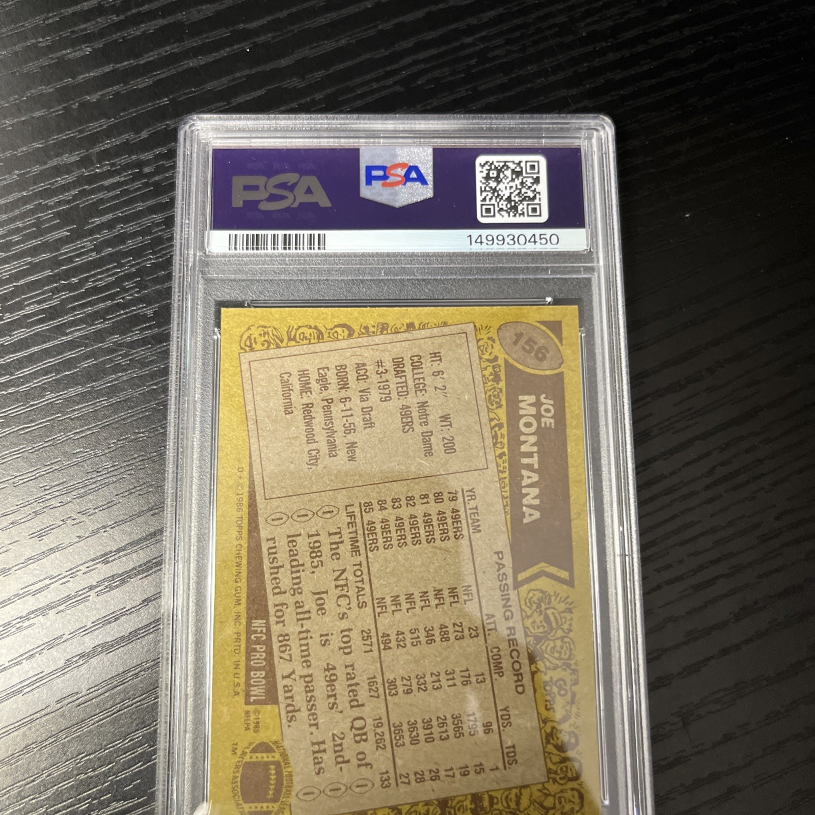 PSA 8  1986 TOPPS 156 JOE MONTANA CARD view 4