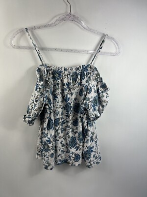 H&M Off The Shoulder Blouse Women's Sz M White Floral Elastic Neck/Short Sleeves