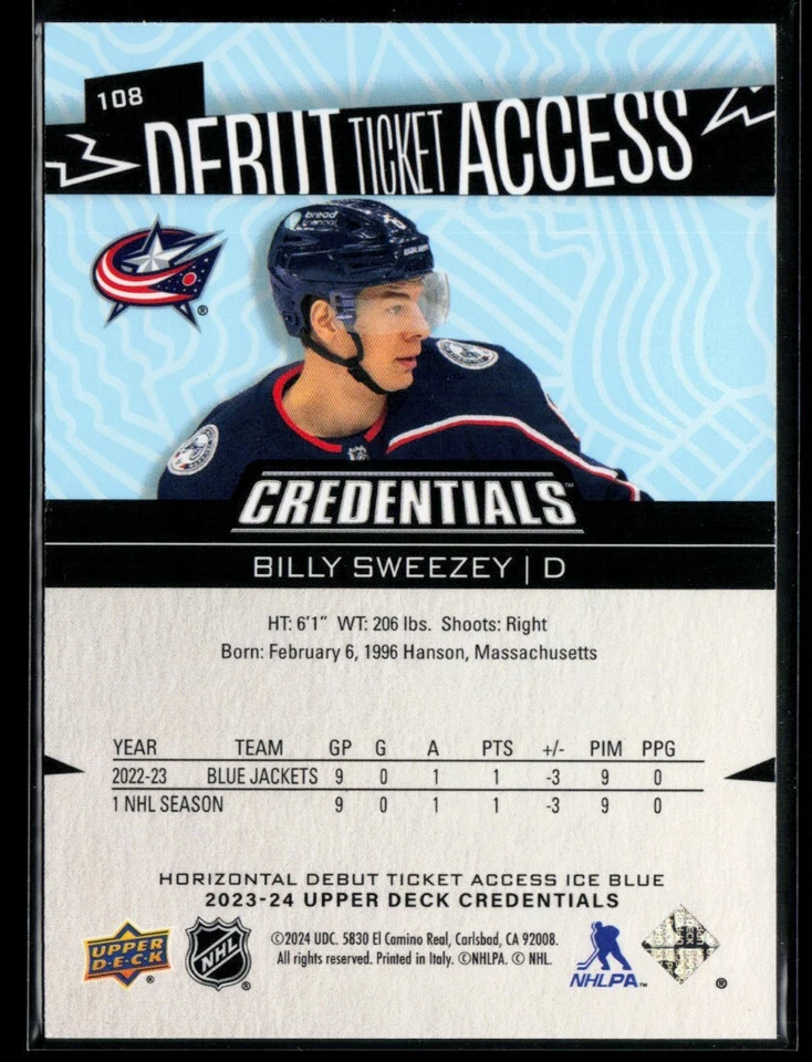 2023-24 Upper Deck Credentials Horizontal #108 Billy Sweezey RC 383/799 - Image 2 of 2