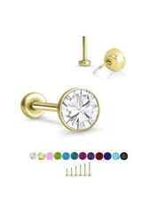 Threadless Labret Nose Ring Monroe Push Pin Stud Yellow Gold Steel 4mm CZ