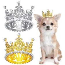 2pcs Medium Dog Crown Headband Puppies Cat Hat for Birthday Party Silver Gold...