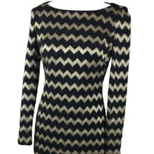 Nine West Black/Metallic Gold Chevron Bodycon Longsleeve Dress Size 8