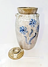 Vint. Stamped 1960s Jugtown Earthenware  w/ Lid 3 Blue Flowers - Stands 7.5 in.