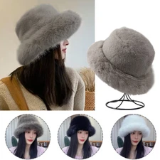 Fluffy Faux Fur Bucket Hat Women Winter Warm Thick Plush Winter Hat Basin Cap