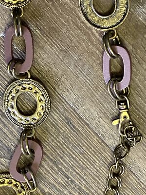 Vintage Bronze Metal Disk Wood Oval Chain Link Goddess Belt  display picture 2