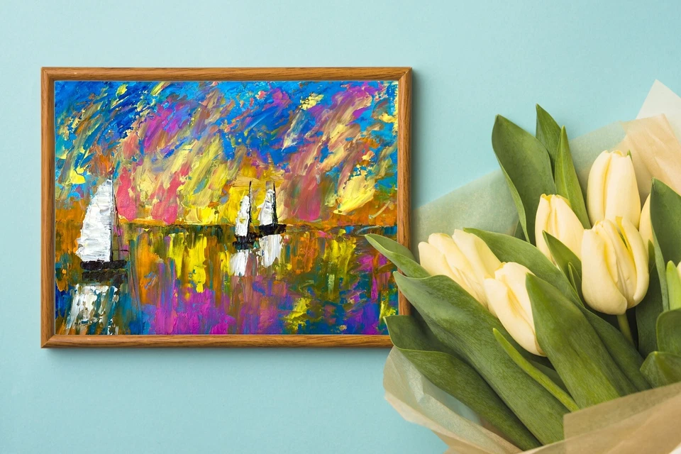 Cuchillo paleta pintura velero original puesta de sol en el mar paisaje marino texturizado Foto 3 de 4