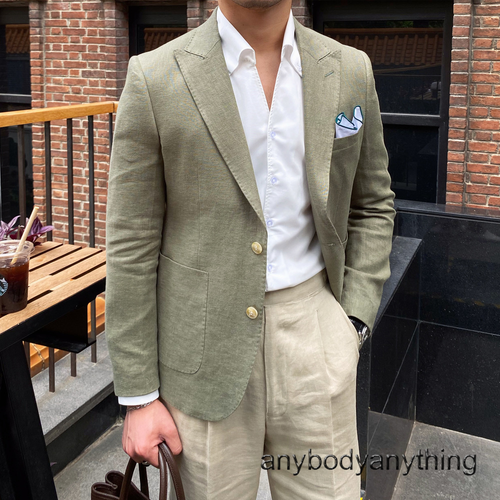 Men's 100% Linen Suit Coat Single-Breasted Peaked Lapel Slim Jacket Casual Tops - Picture 6 of 14