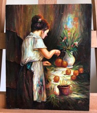 Oelgemälde Stillleben mit Frau beim Blumen arrangieren Malbrett 20x25cm signiert
