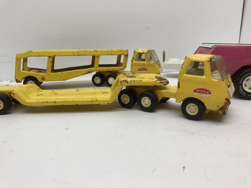Vintage 1970s Tonka LOT - Pink Toy Pickup Truck Car Carrier Low Loader Bulldozer - Picture 12 of 15