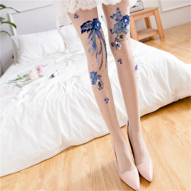 Lady Sequin Tights Embroidered Floral Stockings Pantyhose Dance Show  Gymnastics