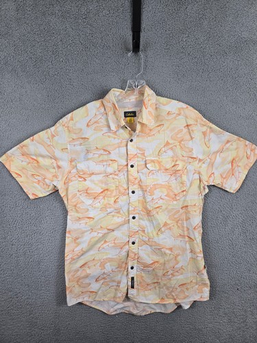 Cabelas Fishing Shirt Men Large Yellow All Over Fish Print Vented Short Sleeve - Picture 2 of 14