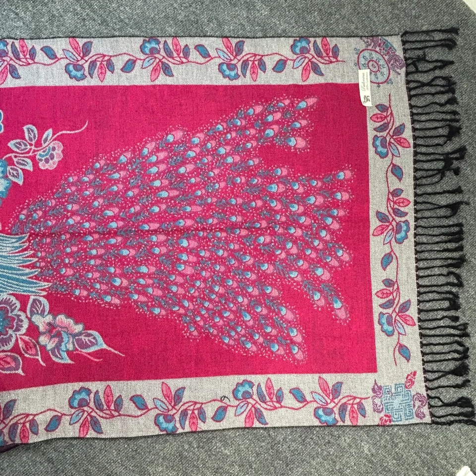 Cachecol/xale Pashmina 100% CASHMERE design pavão azul rosa 60 polegadas x 27 polegadas reversível - Imagem 3 de 4