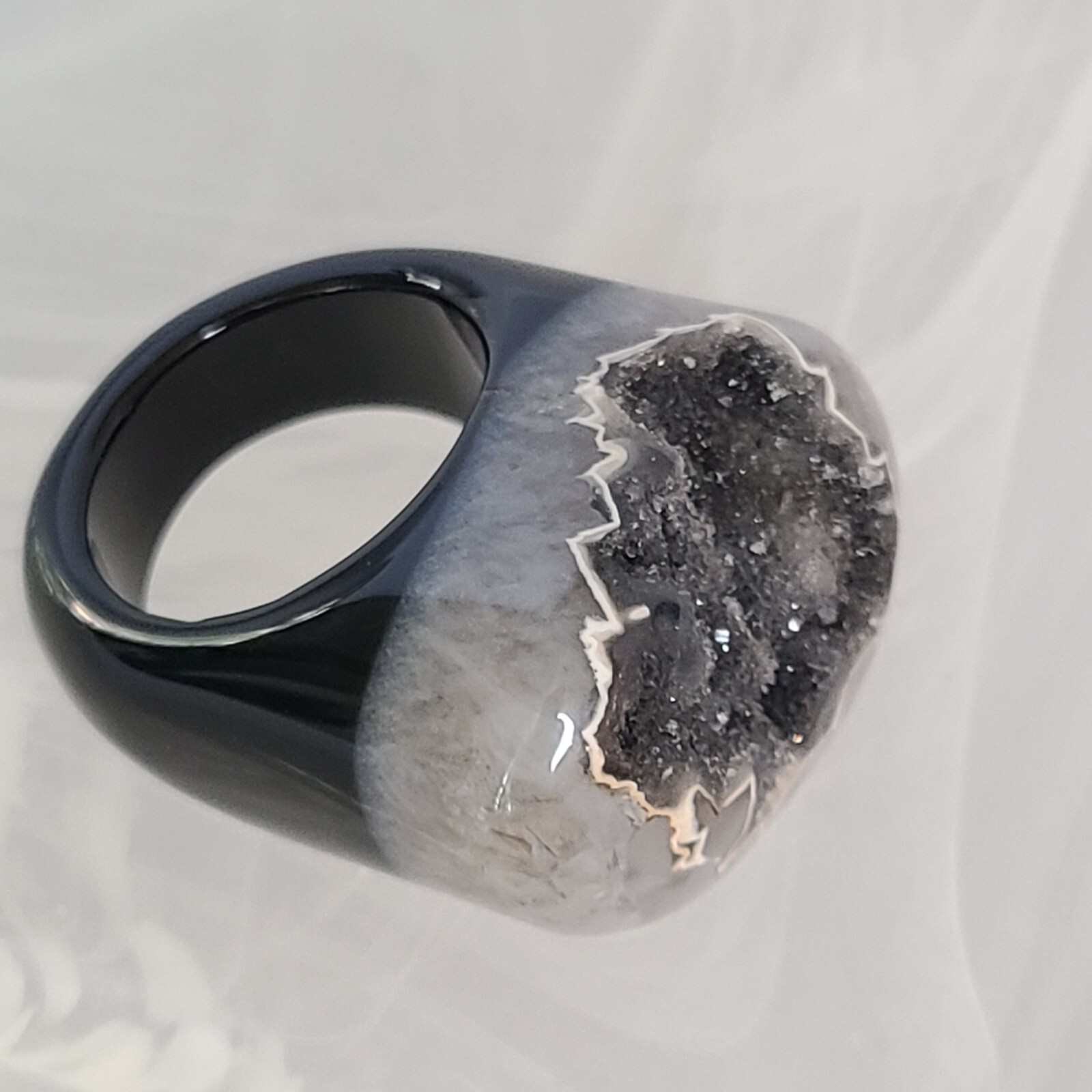 Big Quartz Ring Solid Stone Bicolor Black White R… - image 2