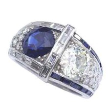 Art Deco Round and Baguette Cut Cubic Zirconia With Blue Sapphire Handmade Ring
