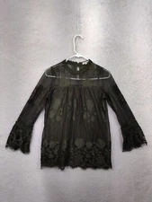 Paper Tee Women Top Medium Green 100% Polyester Floral Lace Casual Blouse Fit