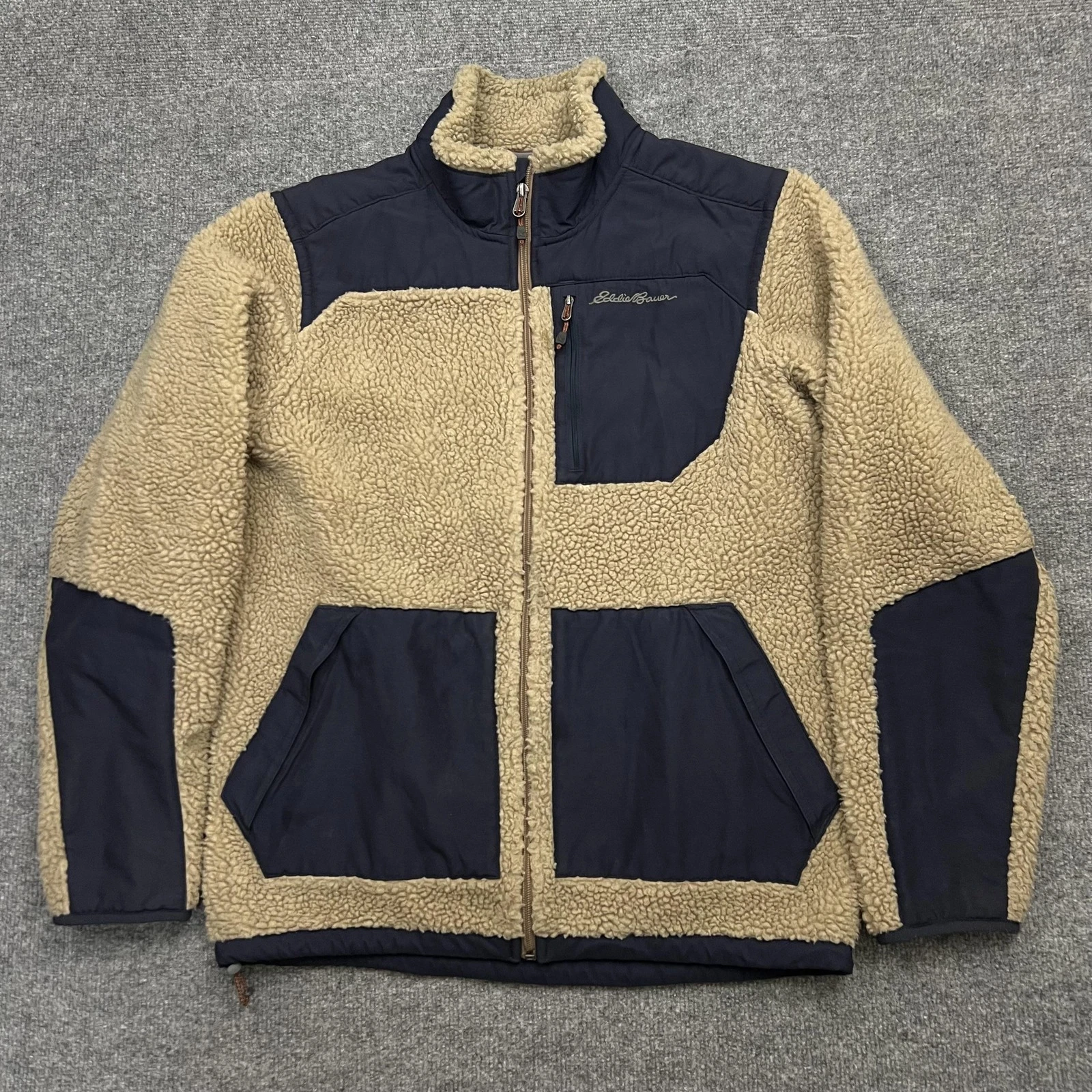 Eddie Bauer Jacket Mens Small Tan Navy Sherpa Fleece Full Zip Outdoor Warm Coat