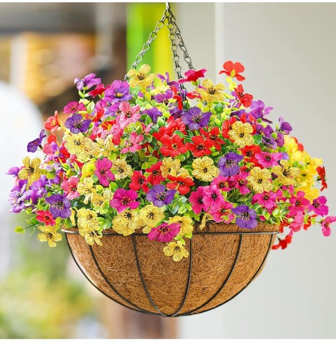Outdoor Artificial Faux Hanging Plants Flowers Basket UV Resistant Rose Eucal...