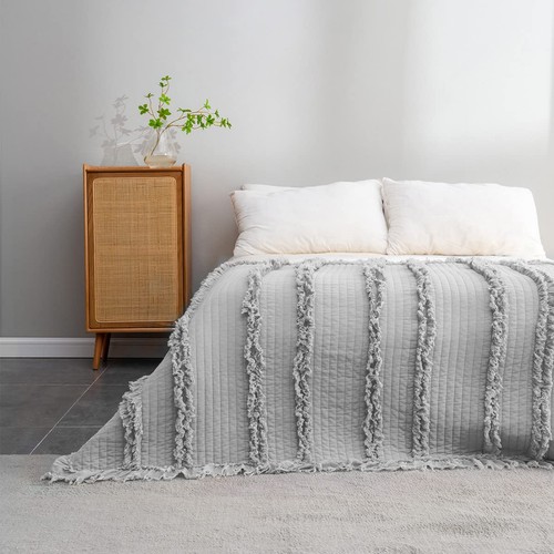 Ultra Soft Pre-Washed Quilted Boho Grey Queen Size Blankets for Bed, Ruffle F...