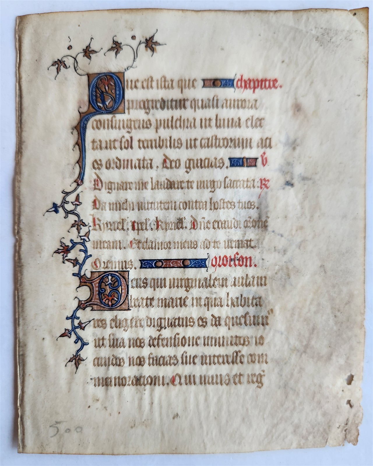 15th century MANUSCRIPT LEAF from BOOK of HOURS 