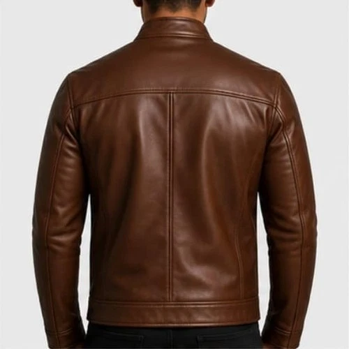 Men's Brown Leather Biker Jacket Cafe Racer Style Stand Collar Zip Pockets Men image 3