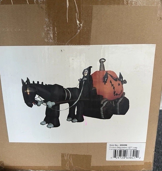 12 Ft Long Halloween Inflatable Carriage With Ghost Skeleton and Pumpkin- light 