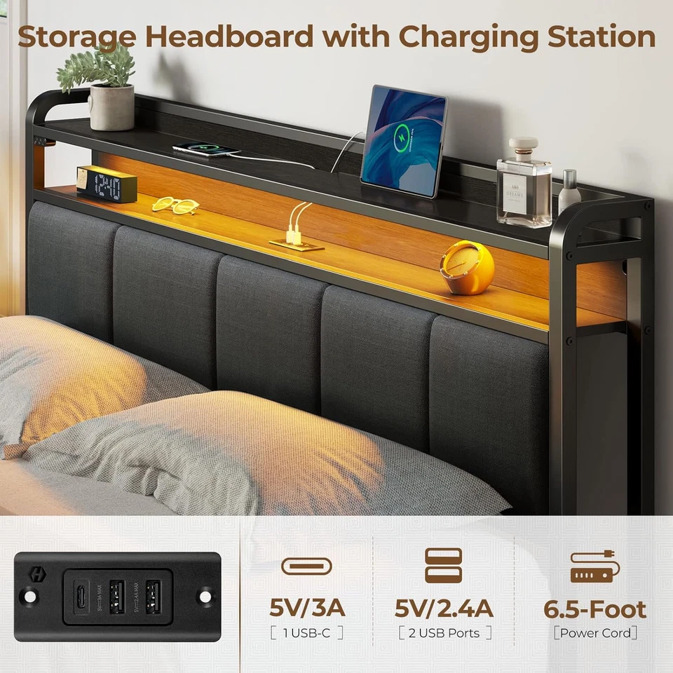 Marco de cama Queen con luces LED, cabecero tapizado, estación de carga, almacenamiento Foto 4 de 4