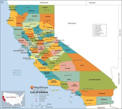 California Counties Map - Large - 48'' x 43.25'' Laminated
