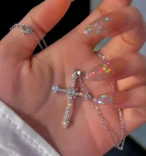 Womens Necklace Cross Pendant Silver Plated Stainless Steel Chain Jewelry Gift