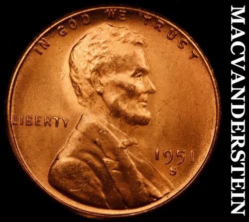 1951-S Lincoln Cent- Red- Choice Gem Brilliant Uncirculated++++ Luster #J3238