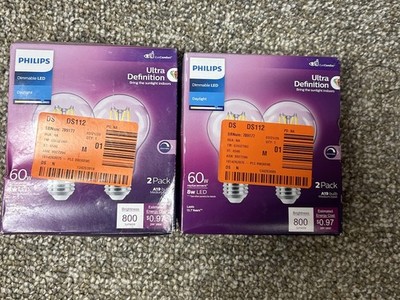 2 Pks Philips Ultra Definition 60W 8W Daylight A19 Medium LED Bulbs Dimmable