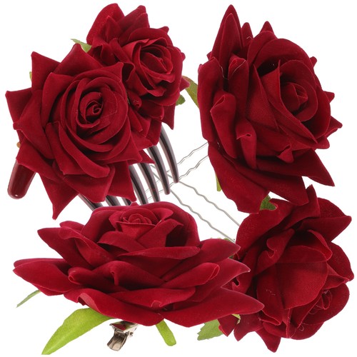 1Set Copricapo Sposa Matrimonio Artificiale Rosa Fiore Capelli Gioielli (Rosso) - Foto 6 di 12