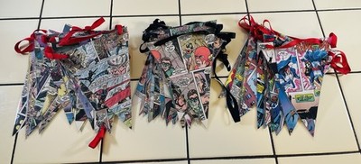 Lot of 3 Handmade Laminated Comic Book Pennant Banner Garlands Superhero Decor